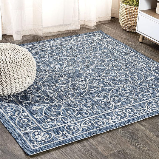 JONATHAN Y Vintage Filigree Indoor Outdoor Square Area Rug 5X5 Navy/Gray, Charleston Textured Weave for Backyard, Patio, Porch, Easy-Cleaning, High Traffic, Pet-Friendly, Non-Shedding (SMB106D-5SQ)