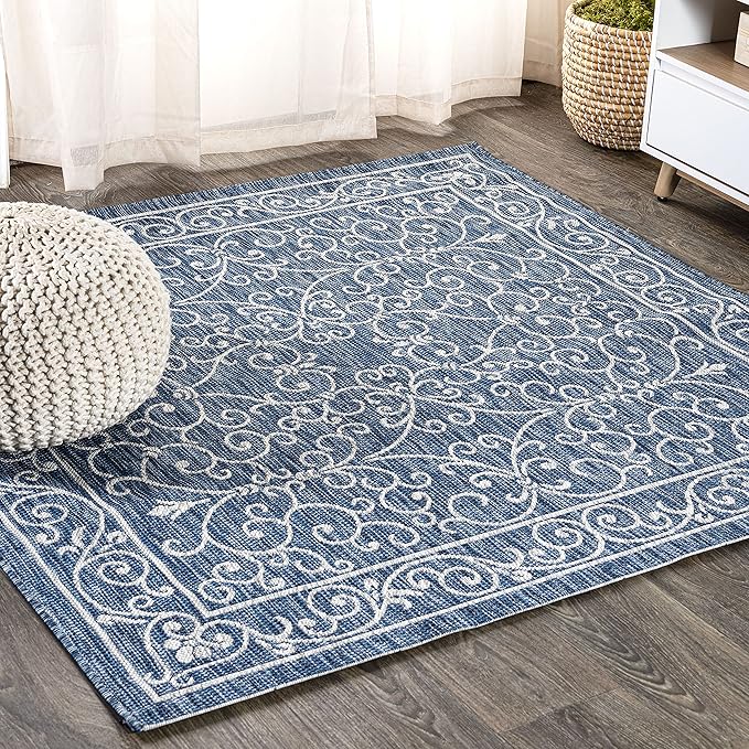 JONATHAN Y Vintage Filigree Indoor Outdoor Square Area Rug 9X9 Navy/Gray, Charleston Textured Weave for Backyard, Patio, Porch, Easy-Cleaning, High Traffic, Pet-Friendly, Non-Shedding (SMB106D-9SQ)