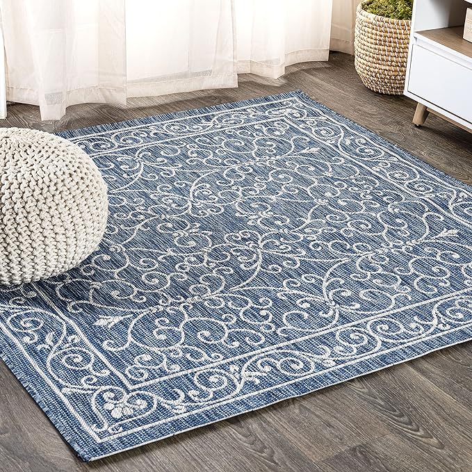 JONATHAN Y Vintage Filigree Indoor Outdoor Square Area Rug 6X6 Navy/Gray, Charleston Textured Weave for Backyard, Patio, Porch, Easy-Cleaning, High Traffic, Pet-Friendly, Non-Shedding (SMB106D-6SQ)