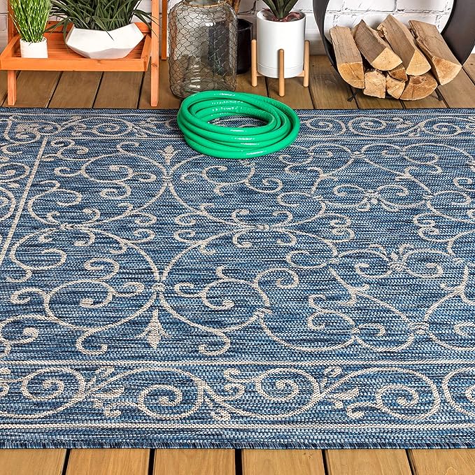 JONATHAN Y Vintage Filigree Indoor Outdoor Area Rug 4X6 Navy/Gray, Charleston Textured Weave for Backyard, Patio, Porch, Easy-Cleaning, High Traffic, Pet-Friendly, Non-Shedding (SMB106D-4)