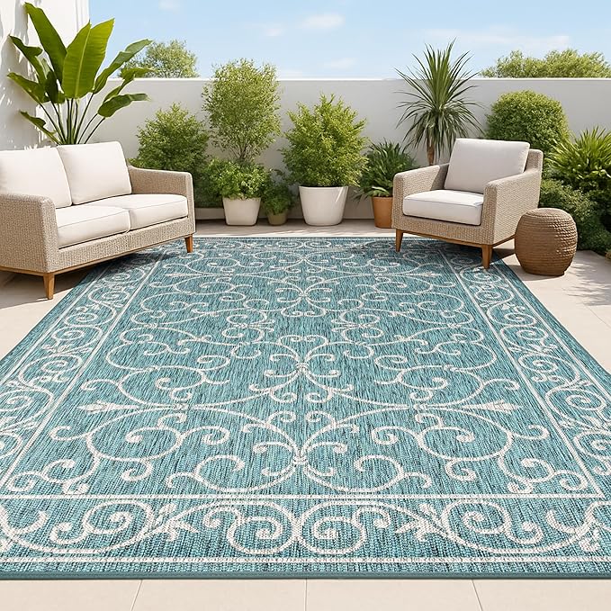 JONATHAN Y Vintage Filigree Indoor Outdoor Area Rug 8X10 Teal/Gray, Charleston Textured Weave for Backyard, Patio, Porch, Easy-Cleaning, High Traffic, Pet-Friendly, Non-Shedding (SMB106F-8)