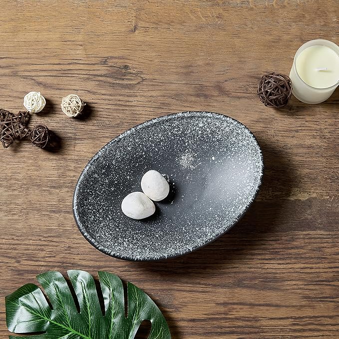 Oval Ceramic Decorative Bowl, Key Dish for Entryway Table, Small Home Decor Accent, Trinket Tray for Office Home Decor Gift (10'' Snowflake Gray without Glaze Layer)