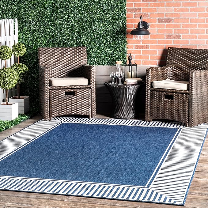 nuLOOM 10' x 12' Outdoor Area Rug, Casual Design With Striped Border, Stain Resistant, Highly Durable, For Patio, Balcony, Bedroom, Living Room, Dining Room, Bathroom, Navy