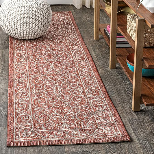 JONATHAN Y Vintage Filigree Indoor Outdoor Runner Rug 2X10 Red/Beige, Charleston Textured Weave for Backyard, Patio, Porch, Easy-Cleaning, High Traffic, Pet-Friendly, Non-Shedding (SMB106B-210)