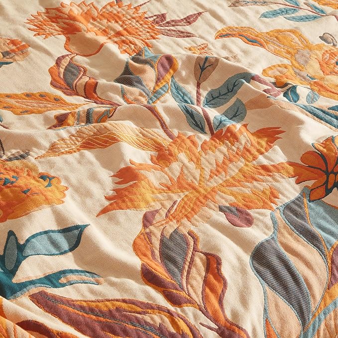 Boho Throw Blanket for Bed 80”x90”, 100% Cotton Woven Blanket for Couch Sofa, Ultra Soft 4-Layer Muslin Quilt with Floral Printed, Farmhouse Bed Blanket/Cover for Living Room Decor