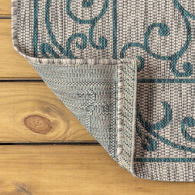 JONATHAN Y Vintage Filigree Indoor Outdoor Square Area Rug 9X9 Gray/Teal, Charleston Textured Weave for Backyard, Patio, Porch, Easy-Cleaning, High Traffic, Pet-Friendly, Non-Shedding (SMB106E-9SQ)