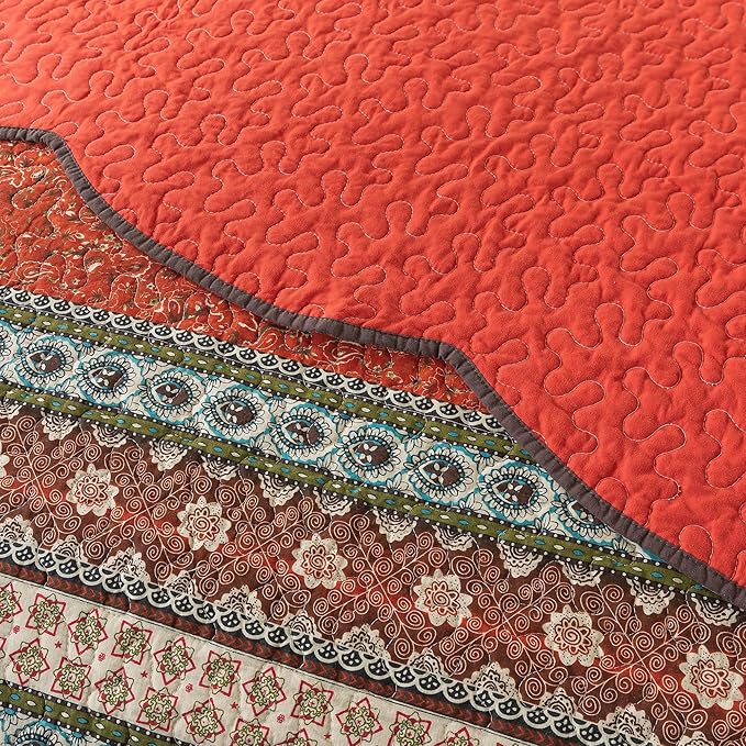 NEWLAKE Cotton Bedspread Quilt Sets - Reversible Patchwork Coverlet Set, Red Striped Jacquard Pattern, Oversized King Size