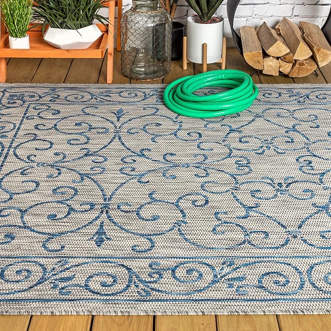 JONATHAN Y Vintage Filigree Indoor Outdoor Area Rug 3X5 Gray/Navy, Charleston Textured Weave for Backyard, Patio, Porch, Easy-Cleaning, High Traffic, Pet-Friendly, Non-Shedding (SMB106C-3)