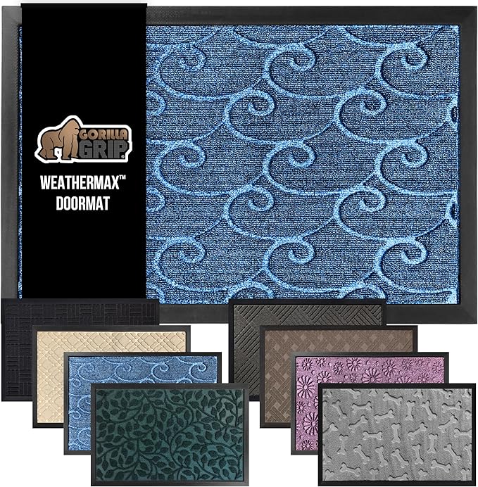 GORILLA GRIP 100% Waterproof All-Season WeatherMax Doormat, 72x24, US Designed Natural Rubber, Stain and Fade Resistant, Low Profile Indoor Outdoor Door Mats, Easy Clean Patio Mat, Ocean Blue Waves