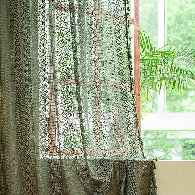 Sutuo Home Olive Green Boho Curtains 108 inches Long, Crochet Lace Sheer Bohemian Hollow Knitted Cute Tassels, Vintage Farmhouse for Bedroom Living Room Nursery Room, 1 Panel 59" W x 108" L