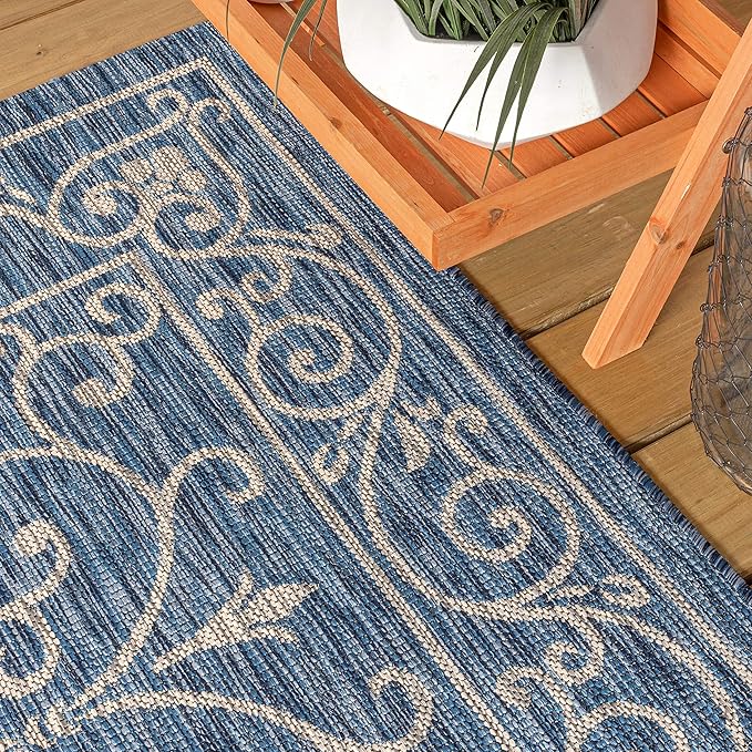 JONATHAN Y Vintage Filigree Indoor Outdoor Round Area Rug 9 Ft Navy/Gray, Charleston Textured Weave for Backyard, Patio, Porch, Easy-Cleaning, High Traffic, Pet-Friendly, Non-Shedding (SMB106D-9R)