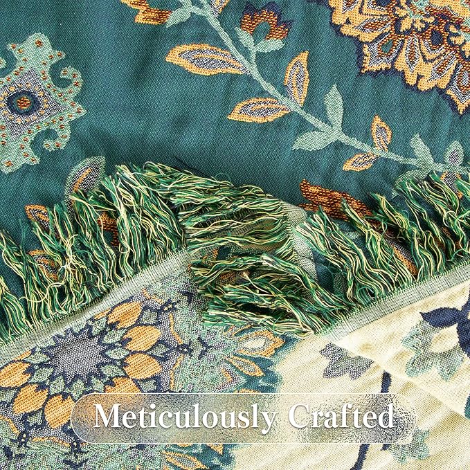 Boho Throw Blanket Twin Size, Soft Cozy Cotton Muslin Quilt Blanket for Bed Decor, Floral Patterned Couch Sofa Chair Cover, Vintage Farmhouse Cottage Tapestry Woven Blanket, Green&Beige