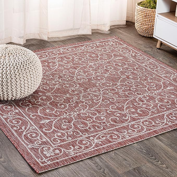JONATHAN Y Vintage Filigree Indoor Outdoor Square Area Rug 4X4 Red/Beige, Charleston Textured Weave for Backyard, Patio, Porch, Easy-Cleaning, High Traffic, Pet-Friendly, Non-Shedding (SMB106B-4SQ)