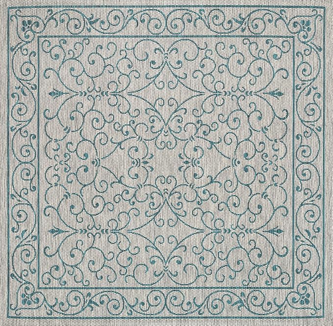 JONATHAN Y Vintage Filigree Indoor Outdoor Square Area Rug 5X5 Gray/Teal, Charleston Textured Weave for Backyard, Patio, Porch, Easy-Cleaning, High Traffic, Pet-Friendly, Non-Shedding (SMB106E-5SQ)