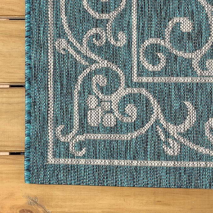 JONATHAN Y Vintage Filigree Indoor Outdoor Round Area Rug 6 Ft Teal/Gray, Charleston Textured Weave for Backyard, Patio, Porch, Easy-Cleaning, High Traffic, Pet-Friendly, Non-Shedding (SMB106F-6R)