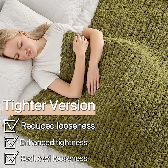Maetoow Tighter Version Chenille Chunky Knit Blanket Throw 50×60 Inch, Handmade Warm & Cozy Blanket Couch, Bed, Home Decor, Soft Fleece Banket, Boho Thick Blankets and Giant Yarn Throws，Olive Green