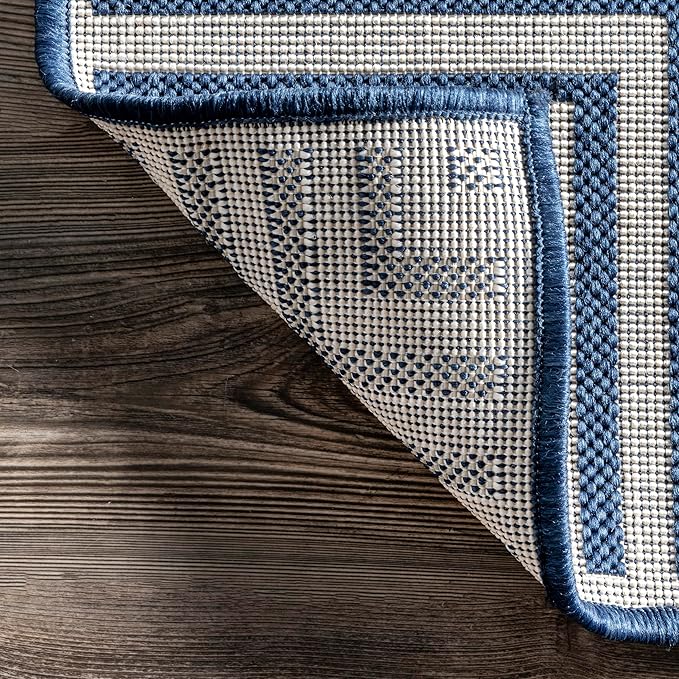 nuLOOM 2' x 8' Outdoor Area Rug, Casual Design With Striped Border, Stain Resistant, Highly Durable, For Patio, Balcony, Bedroom, Living Room, Dining Room, Bathroom, Navy