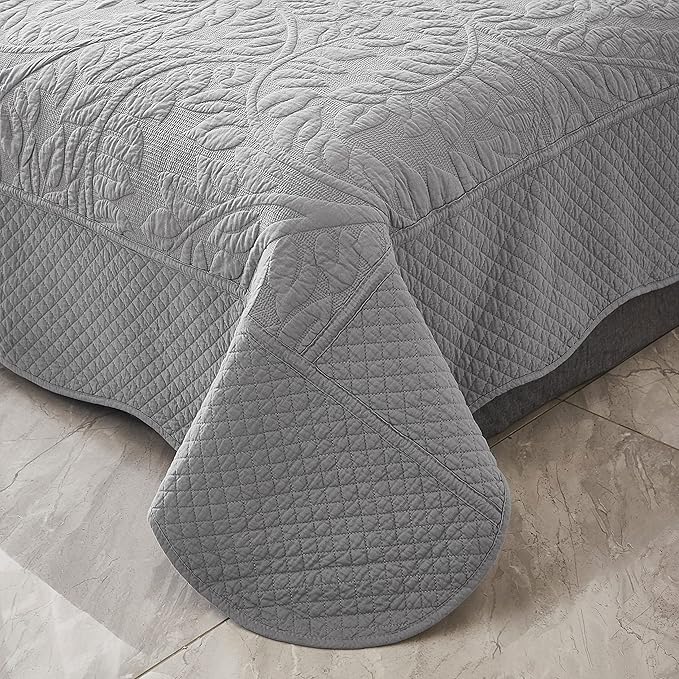 MarCielo 3-Piece 100% Cotton Oversized Bedspread Lightweight Quilt Coverlet Embroidery Farmhouse Bedding Set T0 (Light Grey, Twin (68"x86"))