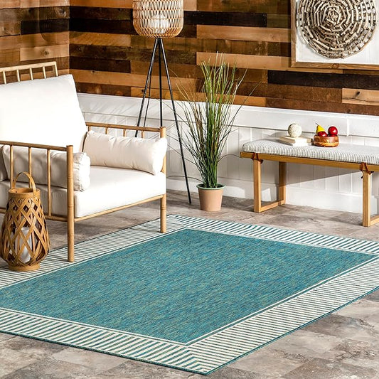 nuLOOM 5' x 8' Outdoor Area Rug, Casual Design With Striped Border, Stain Resistant, Highly Durable, For Patio, Balcony, Bedroom, Living Room, Dining Room, Bathroom, Teal