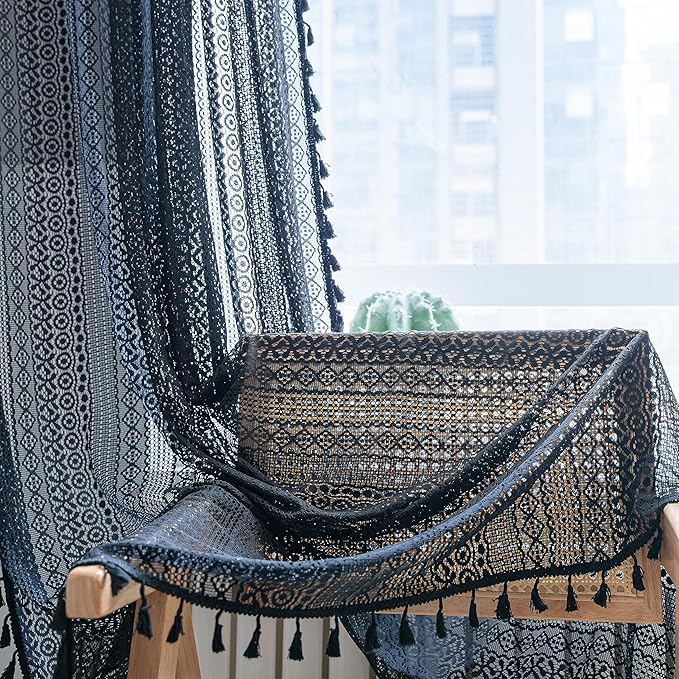 Sutuo Home Black Crochet Boho Curtain 63 Inches Length, Sheer Lace Handmade Tassels Knitted Window Treatment Vintage Rustic Bohemian Farmhouse Drape for Bedroom Rod Pocket 1 Panel 59" W x 63" L