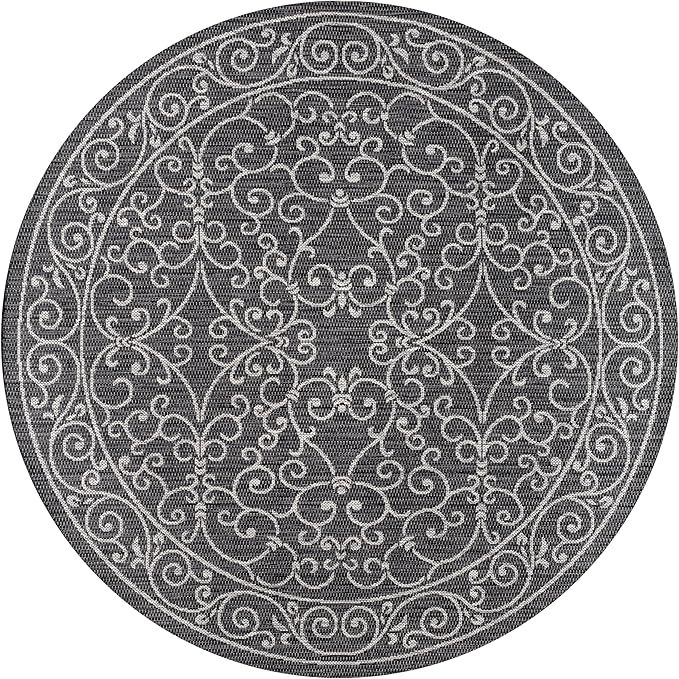 JONATHAN Y Vintage Filigree Indoor Outdoor Round Area Rug 9 Ft Black/Gray, Charleston Textured Weave for Backyard, Patio, Porch, Easy-Cleaning, High Traffic, Pet-Friendly, Non-Shedding (SMB106G-9R)