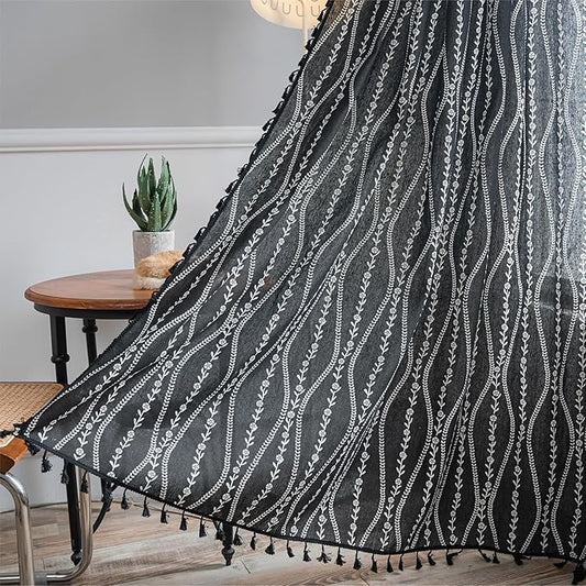 Sutuo Home Boho Curtains 63 Inches Length for Kitchen Doorway Cafe Dining Room, Stripe Floral Vintage Tassels Window Treatment Drape for Halloween Decorations Rod Pocket, 1 Panel 59" W x 63" L,Black