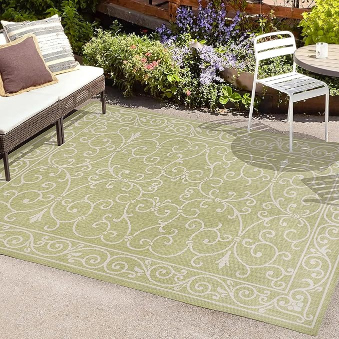JONATHAN Y Vintage Filigree Indoor Outdoor Area Rug 8X10 Green/Cream, Charleston Textured Weave for Backyard, Patio, Porch, Easy-Cleaning, High Traffic, Pet-Friendly, Non-Shedding (SMB106H-8)