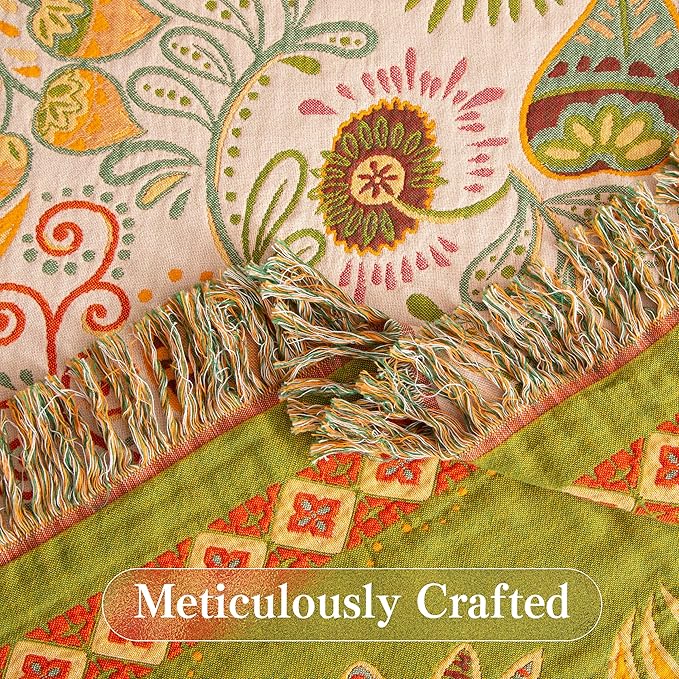 Boho Throw Blanket Full Size, Extra Large Soft Cozy Cotton Muslin Quilt Blanket for Bed Decor, Floral Patterned Couch Sofa Chair Cover, Vintage Farmhouse Cottage Woven Blanket, Coral&Green