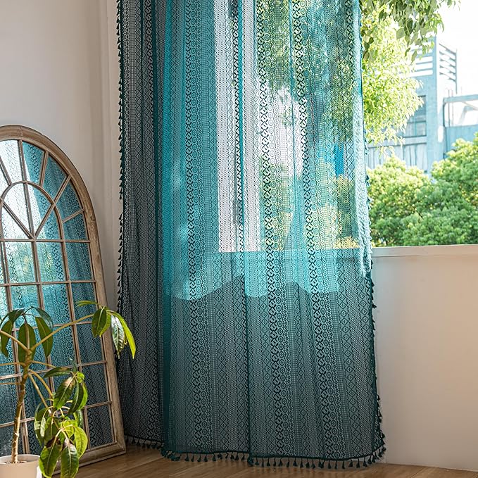 Sutuo Home Turquoise Boho Curtains 90 inches Long for Bedroom Living Room Dining Room, Crochet Lace Sheer Bohemian Hollow with Tassels, Country Window Treatment Drapes, 1 Panel 59" W x 90" L