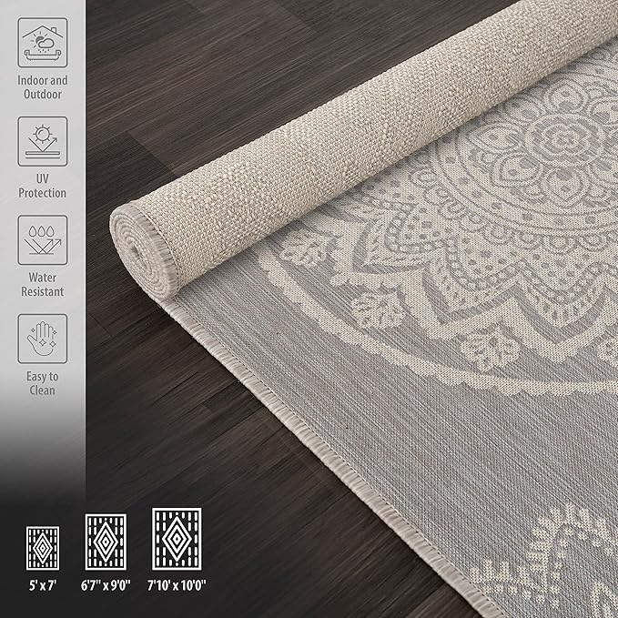 CAMILSON Outdoor Rug 5x7 Modern Area Rugs for Indoor and Outdoor Patios and Porches - Waterproof, Washable, Non-Shedding, Easy-to-Clean Outside Carpet (5 x 7, Medallion - Grey/White)