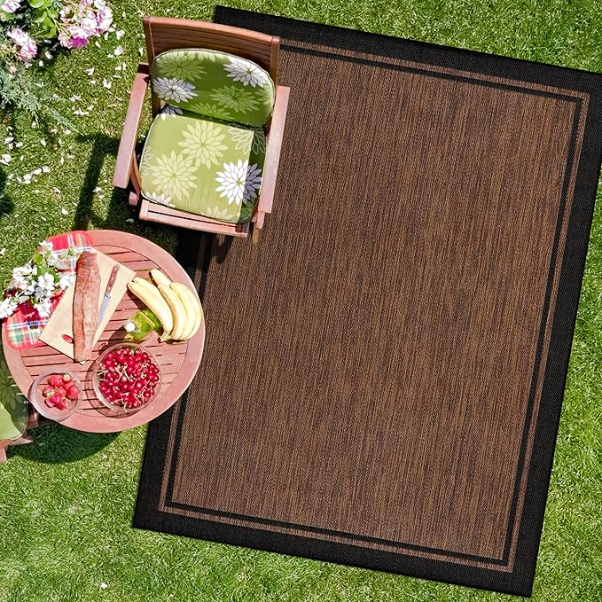 CAMILSON Indoor Outdoor Rug, 5x7 Bordered Nut Brown Black Modern Area Rugs for Indoor and Outdoor Patios, Kitchen and Hallway Mats, Washable Porch Deck Outside Carpet (Bordered Nut Brown Black, 5 x 7)