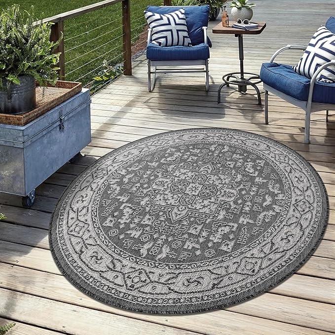 Keen Home Design Terrace Outdoor Round Rug - 5ft Round Washable Indoor/Outdoor Rug for Patio, Kitchen, Balcony, Beach, Garden, Deck and Porch, Size: 5'3" Round