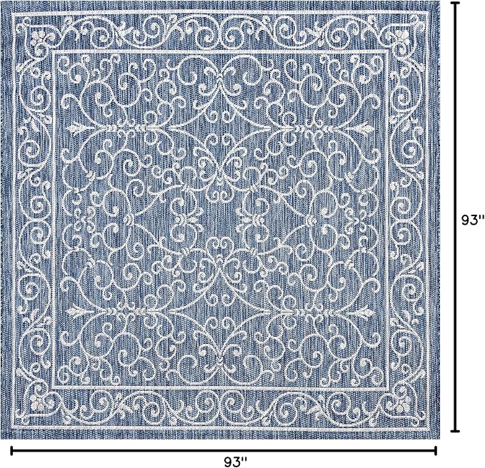JONATHAN Y Vintage Filigree Indoor Outdoor Square Area Rug 8X8 Navy/Gray, Charleston Textured Weave for Backyard, Patio, Porch, Easy-Cleaning, High Traffic, Pet-Friendly, Non-Shedding (SMB106D-8SQ)