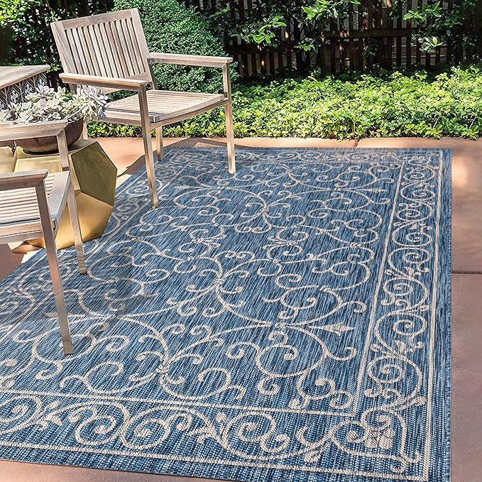 JONATHAN Y Vintage Filigree Indoor Outdoor Area Rug 3X5 Navy/Gray, Charleston Textured Weave for Backyard, Patio, Porch, Easy-Cleaning, High Traffic, Pet-Friendly, Non-Shedding (SMB106D-3)