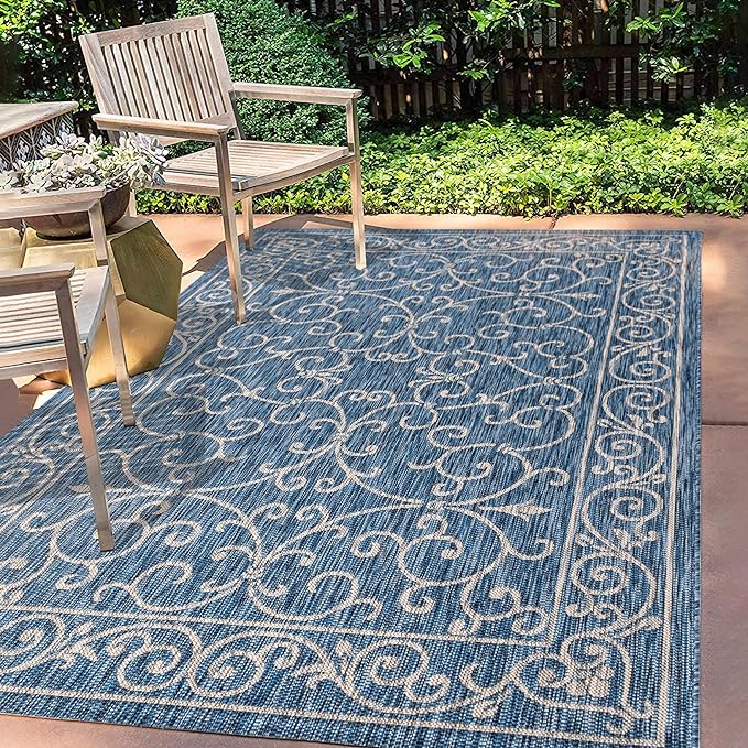 JONATHAN Y Vintage Filigree Indoor Outdoor Area Rug 5X8 Navy/Gray, Charleston Textured Weave for Backyard, Patio, Porch, Easy-Cleaning, High Traffic, Pet-Friendly, Non-Shedding (SMB106D-5)