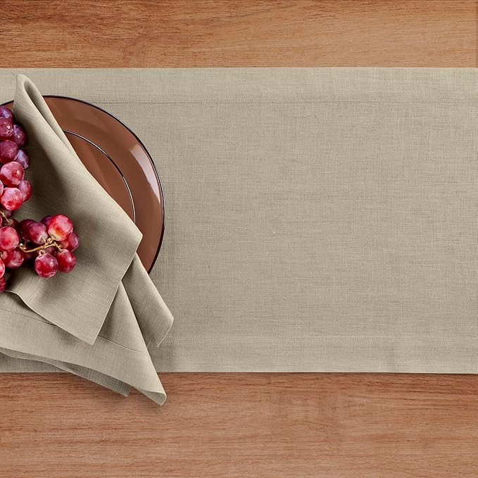 Solino Home Linen Vintage Khaki Table Runner 132 Inches Long - 100% Pure Linen Extra Long Table Runner 14 x 132 Inch for Fall, Autumn, Thanksgiving - Fete