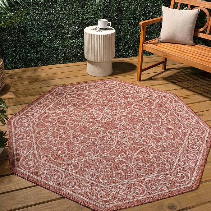 JONATHAN Y Vintage Filigree Indoor Outdoor Octagon Area Rug 5 Ft Red/Beige, Charleston Textured Weave for Backyard, Patio, Porch, Easy-Cleaning, High Traffic, Pet-Friendly, Non-Shedding SMB106B-5TGN