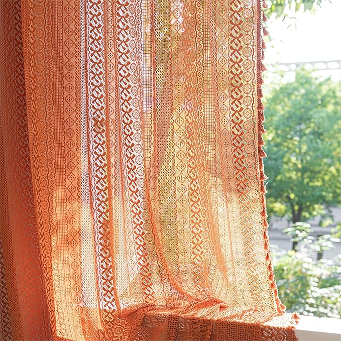 Sutuo Home Boho Curtains for Bedroom Living Room Dining Room, Crochet Lace Sheer Bohemian Country Tassels,Window Treatment Drapes for Halloween Decor, Rod Pocket 1 Panel 59" W x 120" L, Orange