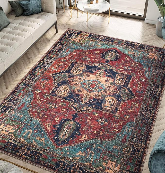 Keen Home Design 5x7 Rug - Machine Washable Area Rug with Non-Slip Backing, Ideal for Living Room, Dining Room, Bedroom - Vintage, Easy Clean, Durable, Low Pile Rug - (5' x 7')