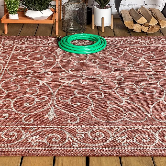 JONATHAN Y Vintage Filigree Indoor Outdoor Area Rug 5X8 Red/Beige, Charleston Textured Weave for Backyard, Patio, Porch, Easy-Cleaning, High Traffic, Pet-Friendly, Non-Shedding (SMB106B-5)