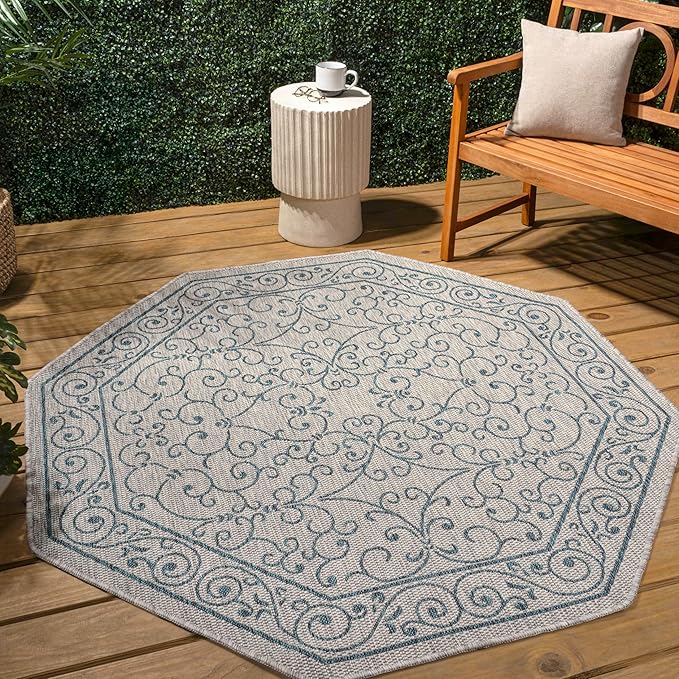 JONATHAN Y Vintage Filigree Indoor Outdoor Octagon Area Rug 5 Ft Gray/Teal, Charleston Textured Weave for Backyard, Patio, Porch, Easy-Cleaning, High Traffic, Pet-Friendly, Non-Shedding SMB106E-5TGN