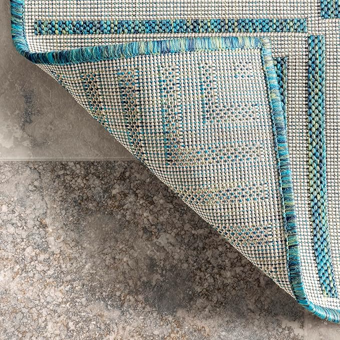 nuLOOM 4' x 6' Outdoor Area Rug, Casual Design With Striped Border, Stain Resistant, Highly Durable, For Patio, Balcony, Bedroom, Living Room, Dining Room, Bathroom, Teal