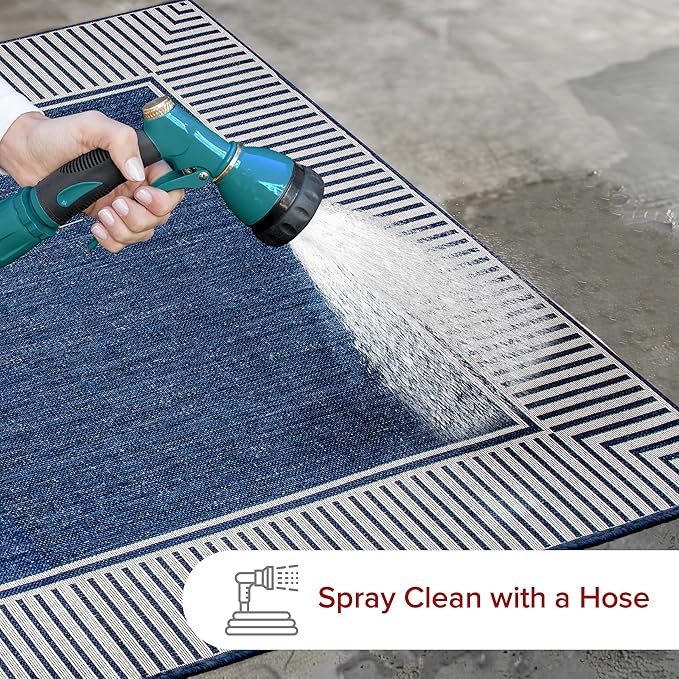 nuLOOM 10' x 12' Outdoor Area Rug, Casual Design With Striped Border, Stain Resistant, Highly Durable, For Patio, Balcony, Bedroom, Living Room, Dining Room, Bathroom, Navy