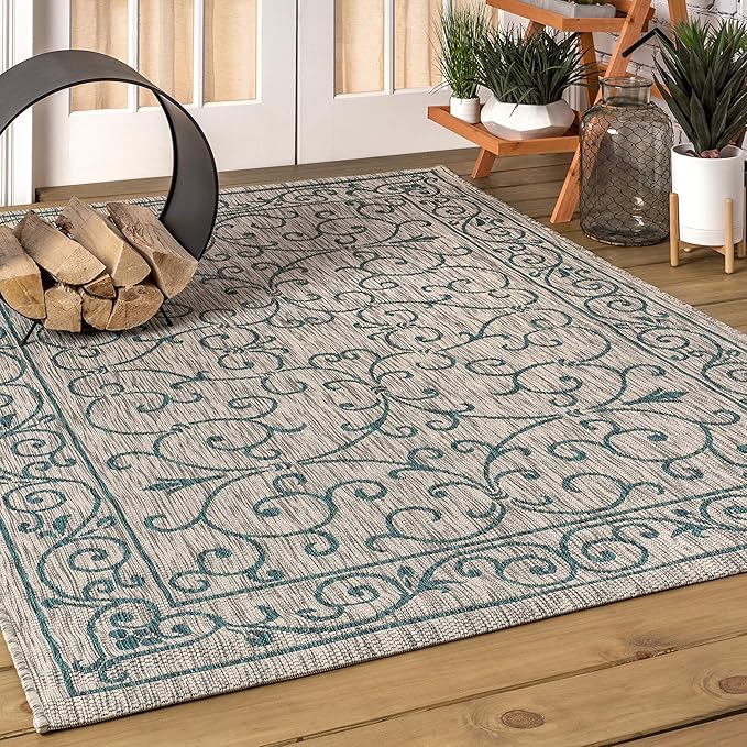 JONATHAN Y Vintage Filigree Indoor Outdoor Area Rug 4X6 Gray/Teal, Charleston Textured Weave for Backyard, Patio, Porch, Easy-Cleaning, High Traffic, Pet-Friendly, Non-Shedding (SMB106E-4)