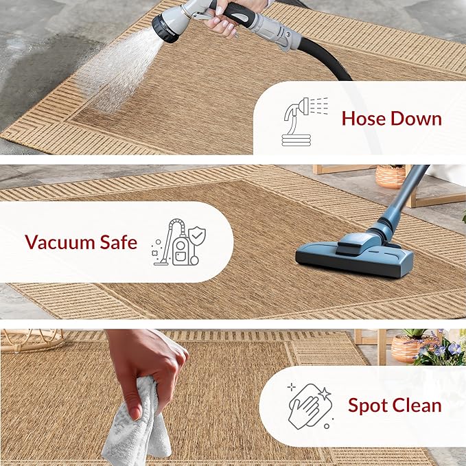 nuLOOM 2x8 Outdoor/Indoor Asha Area Rug, Light Brown, Casual Design With Striped Border, Stain Resistant, Highly Durable, For Patio, Balcony, Bedroom, Living Room, Dining Room, Bathroom