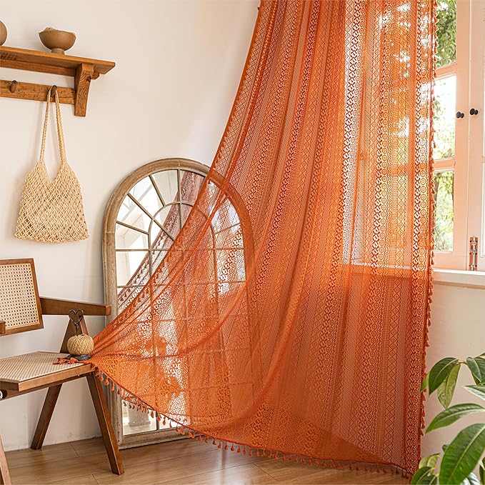 Sutuo Home Boho Curtains for Bedroom Living Room Dining Room, Crochet Lace Sheer Bohemian Country Tassels,Window Treatment Drapes for Halloween Decor, Rod Pocket 1 Panel 59" W x 120" L, Orange