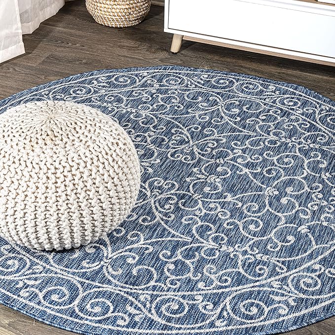 JONATHAN Y Vintage Filigree Indoor Outdoor Round Area Rug 9 Ft Navy/Gray, Charleston Textured Weave for Backyard, Patio, Porch, Easy-Cleaning, High Traffic, Pet-Friendly, Non-Shedding (SMB106D-9R)