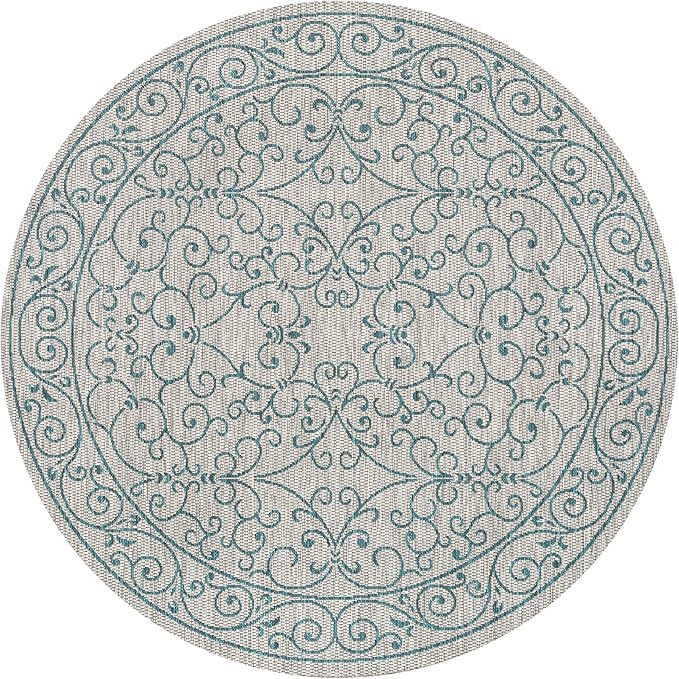 JONATHAN Y Vintage Filigree Indoor Outdoor Round Area Rug 8 Ft Gray/Teal, Charleston Textured Weave for Backyard, Patio, Porch, Easy-Cleaning, High Traffic, Pet-Friendly, Non-Shedding (SMB106E-8R)