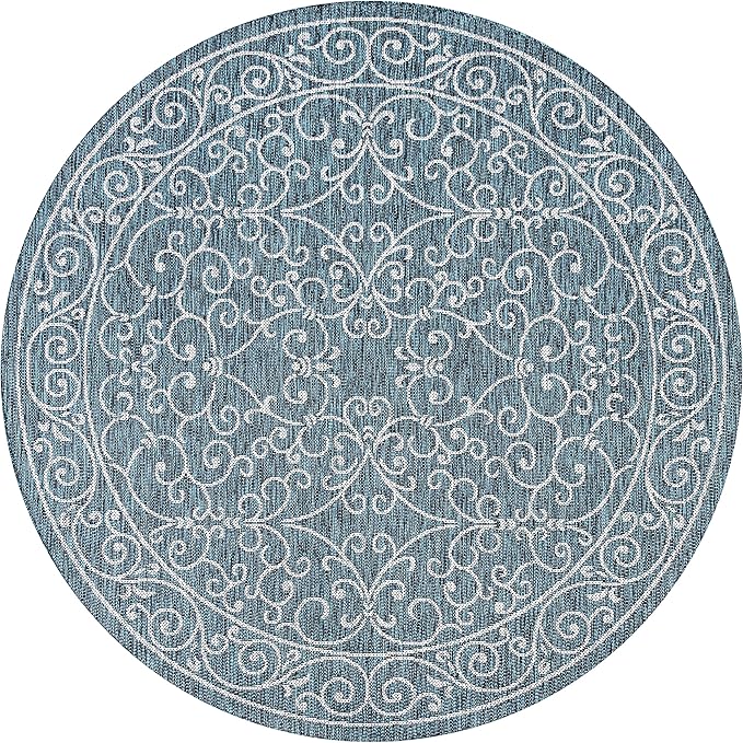 JONATHAN Y Vintage Filigree Indoor Outdoor Round Area Rug 8 Ft Teal/Gray, Charleston Textured Weave for Backyard, Patio, Porch, Easy-Cleaning, High Traffic, Pet-Friendly, Non-Shedding (SMB106F-8R)