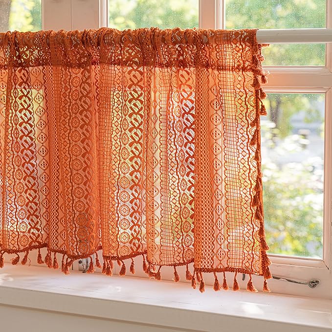 Sutuo Home Boho Valance Short Curtains for Kitchen Crochet Lace Sheer Bohemian Hollow Knitted with Tassels, Privacy Vintage Rustic Farmhouse Drapes, Rod Pocket 1 Panel 59" W x 18" L, Orange
